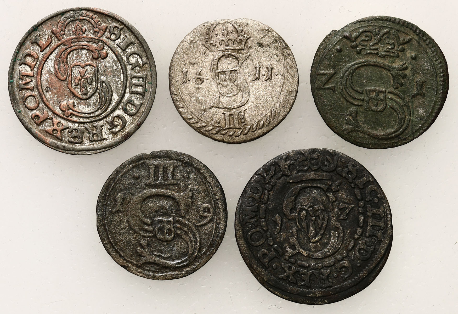 Zygmunt III Waza. Denar, dwudenar, Ternar, szeląg, 1611-1627, Kraków, Wilno, zestaw 5 monet